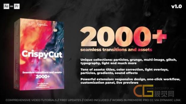 2000个摄像机冲击扭曲故障光效粒子转场标题调色音效背景ae脚本