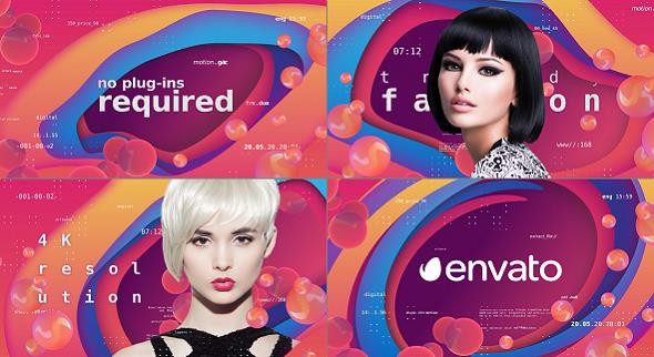 AE模板4K分辨率彩色渐变背景平滑过渡效果展示时尚剪影人物图像片头动画