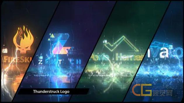 雷霆闪电冲击下雨流水霓虹灯LOGO标志动画视频ae模板素材
