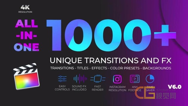 1000组拉伸旋转缩放无缝转场视频特效调色文字标题背景动画预设V6-FCPX插件