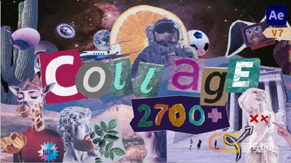 【AE脚本】2400种人物眼耳口鼻手头发风景花朵动物食物交通物品复古贴纸定格动画预设 Collage Pack V4